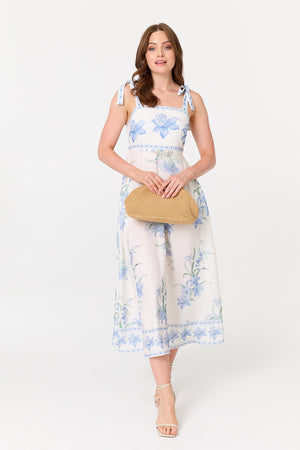 White | Floral A-Line Sleeveless Midi Dress