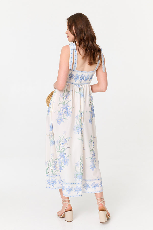 White | Floral A-Line Sleeveless Midi Dress