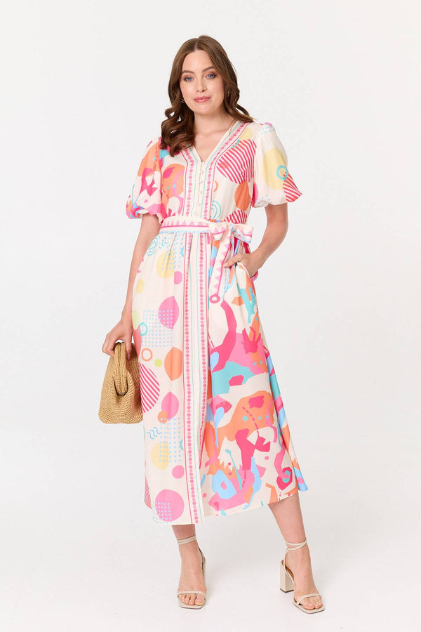 Pink | Abstract Short Puff Sleeve Midi Dress