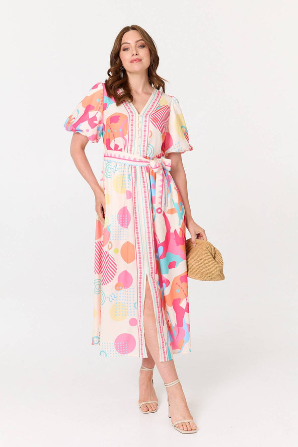 Pink | Abstract Short Puff Sleeve Midi Dress