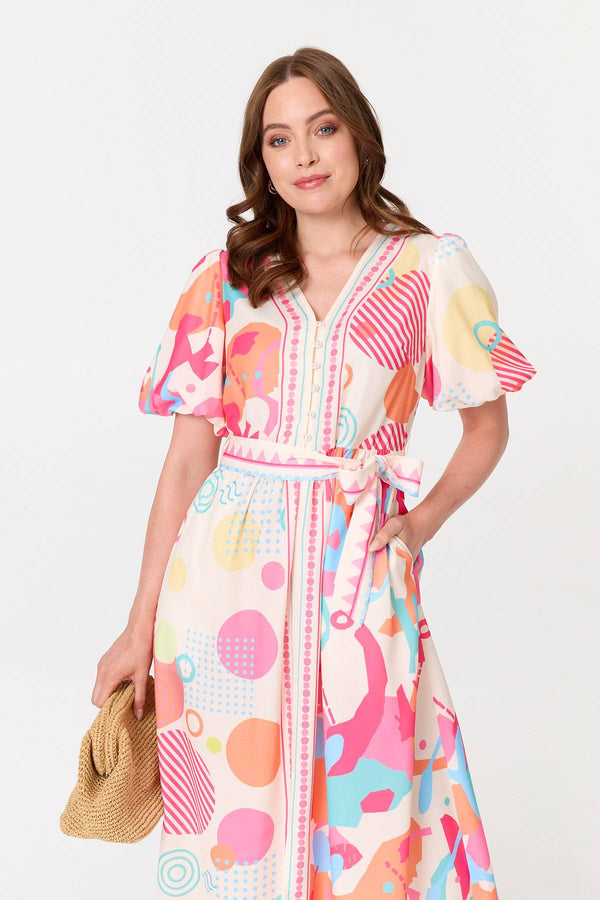Pink | Abstract Short Puff Sleeve Midi Dress