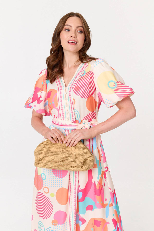 Pink | Abstract Short Puff Sleeve Midi Dress