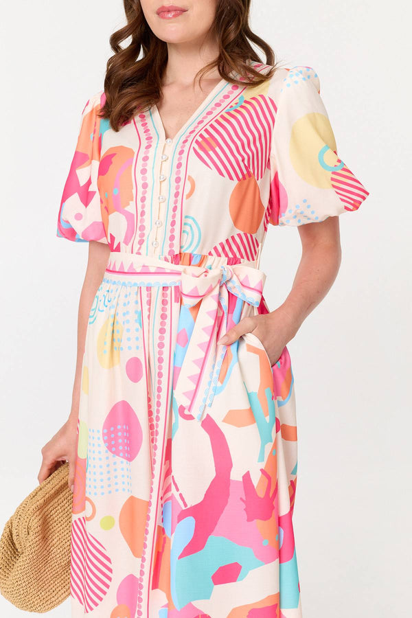 Pink | Abstract Short Puff Sleeve Midi Dress
