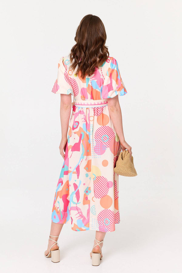 Pink | Abstract Short Puff Sleeve Midi Dress