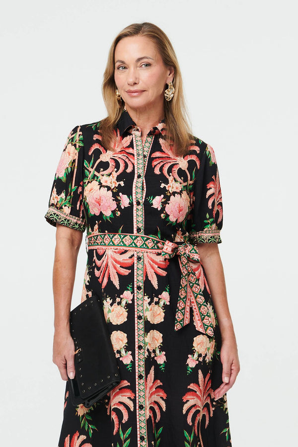 Black | Floral 1/2 Sleeve Tie Waist Maxi Dress