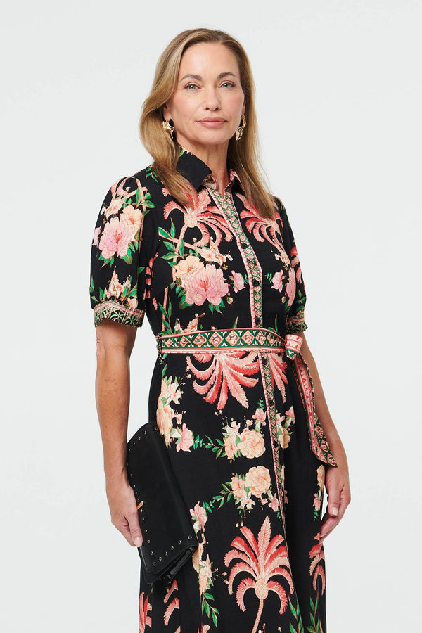 Black | Floral 1/2 Sleeve Tie Waist Maxi Dress
