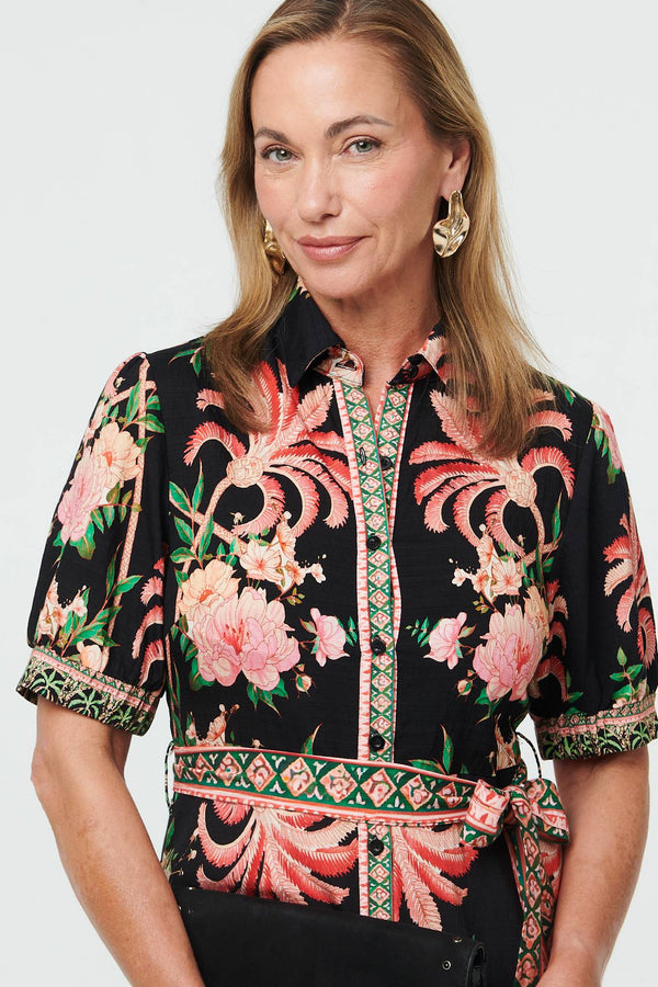 Black | Floral 1/2 Sleeve Tie Waist Maxi Dress