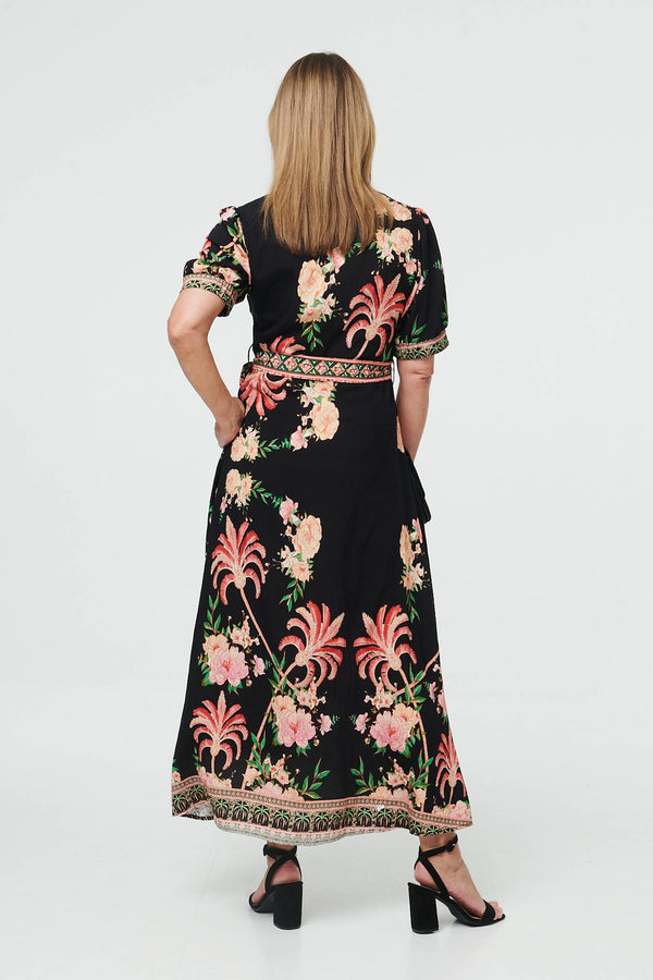 Black | Floral 1/2 Sleeve Tie Waist Maxi Dress