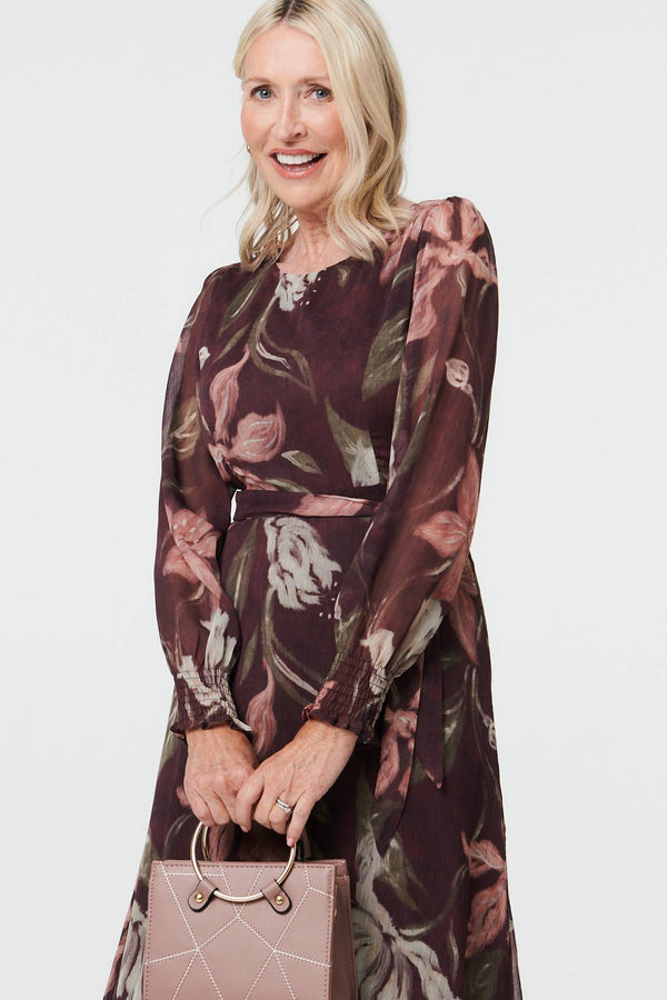 Purple | Floral A-Line Layered Midi Dress