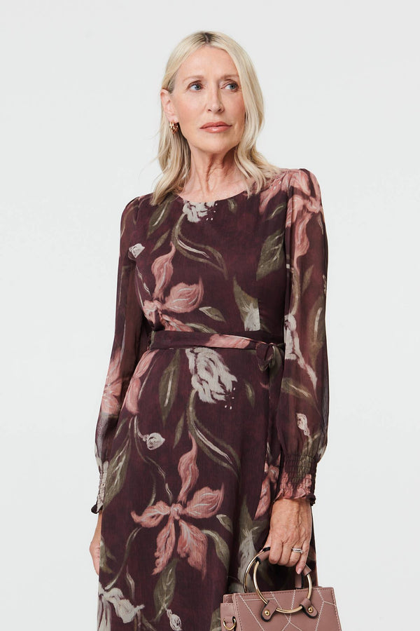 Purple | Floral A-Line Layered Midi Dress