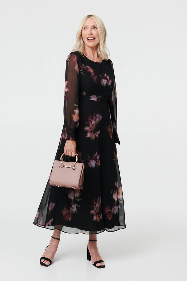 Black | Floral Layered Semi Sheer Midi Dress