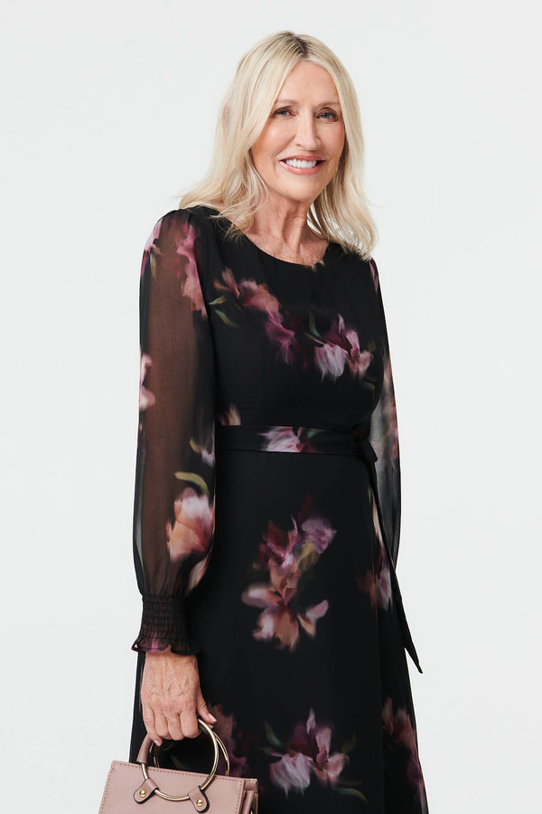 Black | Floral Layered Semi Sheer Midi Dress