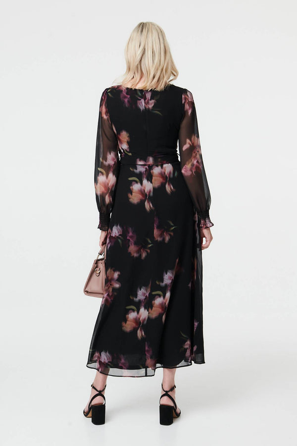 Black | Floral Layered Semi Sheer Midi Dress