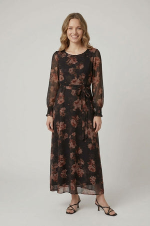 Black | Floral Semi Sheer Layered Tie Midi Dress
