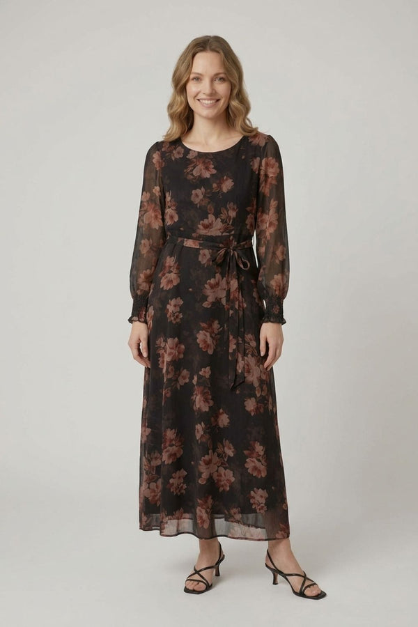 Black | Floral Semi Sheer Layered Tie Midi Dress
