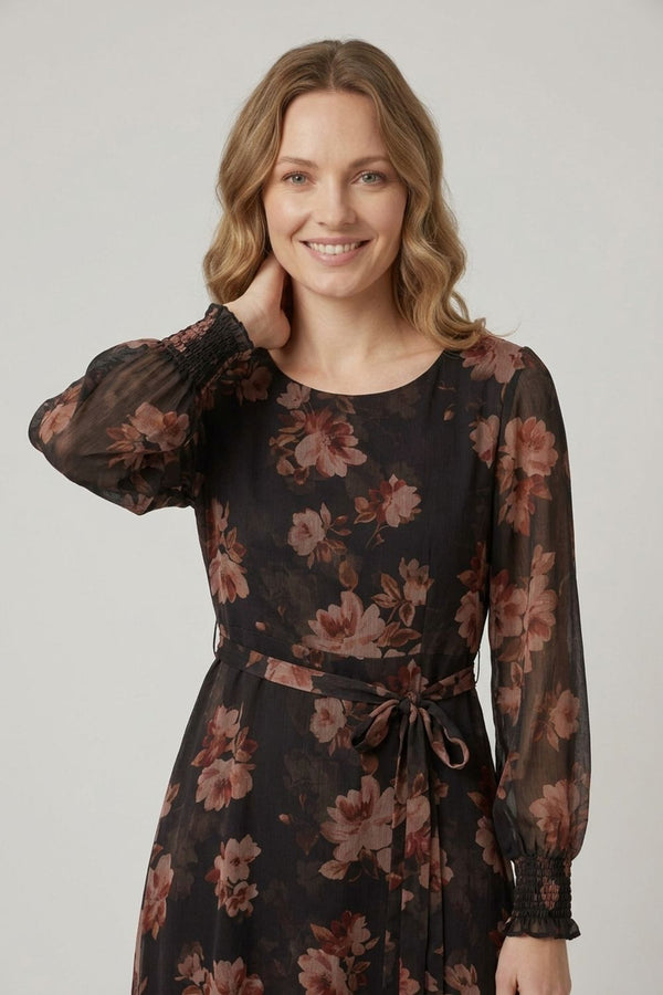 Black | Floral Semi Sheer Layered Tie Midi Dress