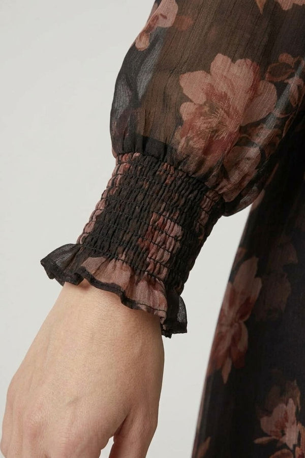 Black | Floral Semi Sheer Layered Tie Midi Dress