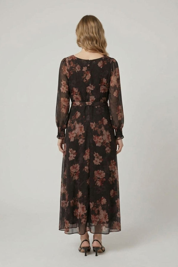 Black | Floral Semi Sheer Layered Tie Midi Dress