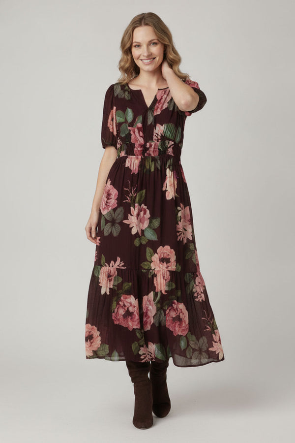 Purple | Floral Layer 1/2 Puff Sleeve Maxi Dress