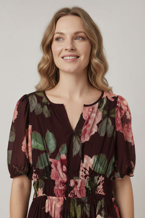 Purple | Floral Layer 1/2 Puff Sleeve Maxi Dress