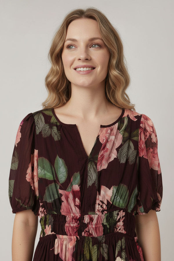 Purple | Floral Layer 1/2 Puff Sleeve Maxi Dress