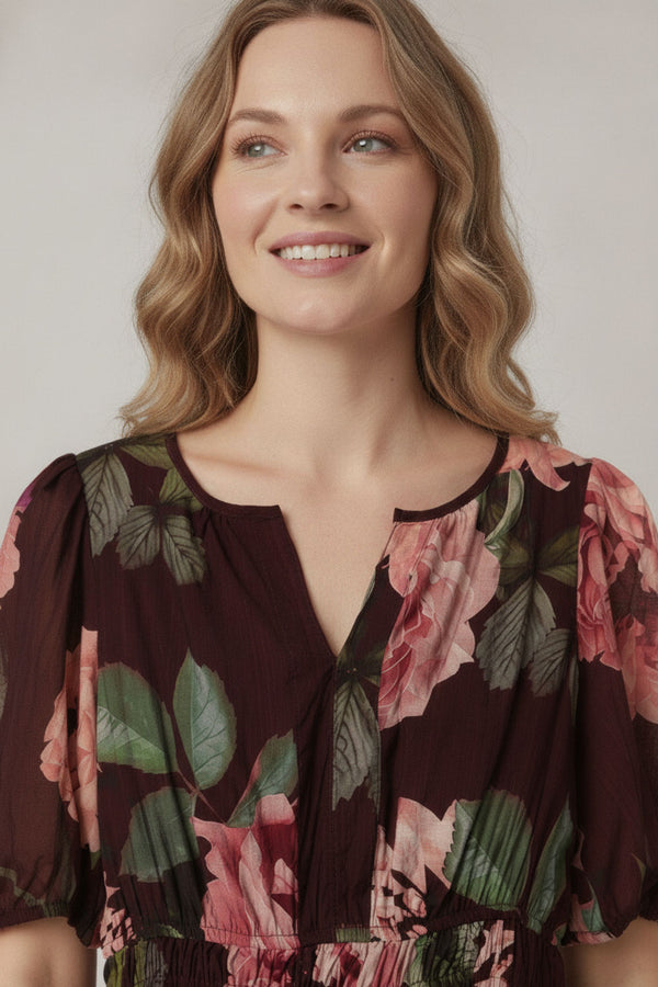 Purple | Floral Layer 1/2 Puff Sleeve Maxi Dress