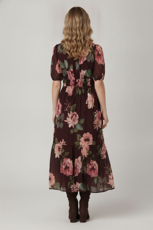 Purple | Floral Layer 1/2 Puff Sleeve Maxi Dress