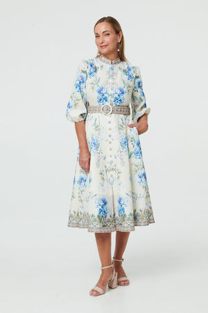 White | Border Print Belt A-Line Midi Dress