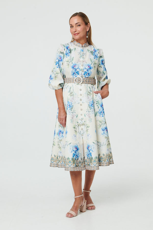 White | Border Print Belt A-Line Midi Dress