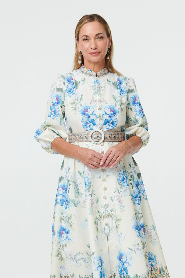 White | Border Print Belt A-Line Midi Dress