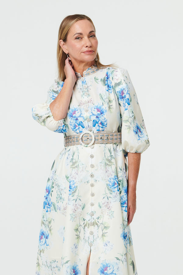White | Border Print Belt A-Line Midi Dress