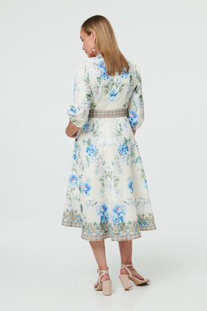 White | Border Print Belt A-Line Midi Dress