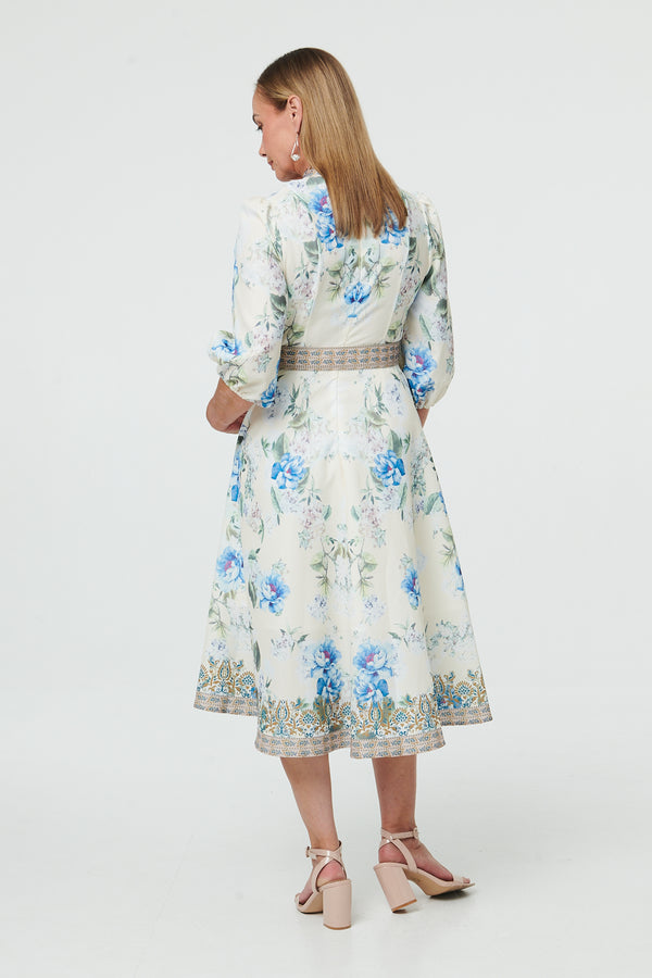 White | Border Print Belt A-Line Midi Dress