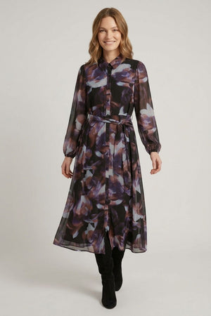 Black | Abstract Semi Sheer Tie Midi Shirt Dress