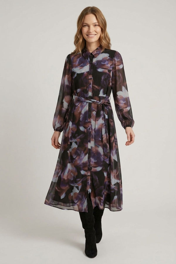Black | Abstract Semi Sheer Tie Midi Shirt Dress