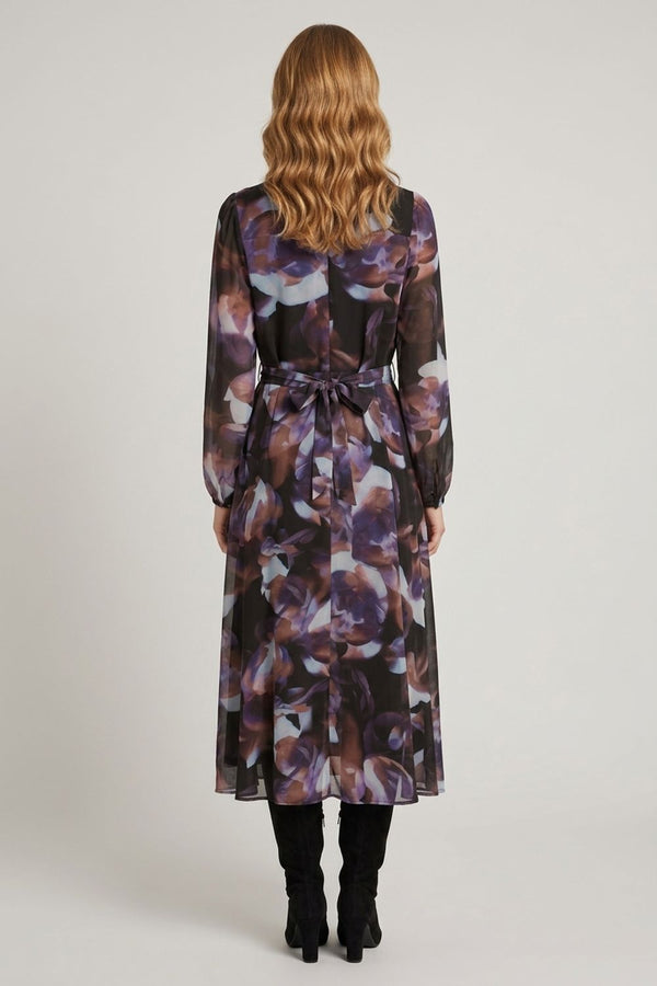 Black | Abstract Semi Sheer Tie Midi Shirt Dress