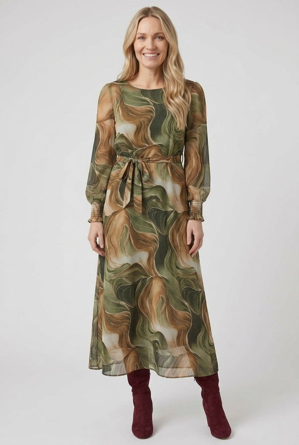 Green | Abstract Tie Waist A-Line Maxi Dress