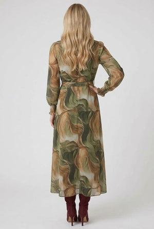 Green | Abstract Tie Waist A-Line Maxi Dress