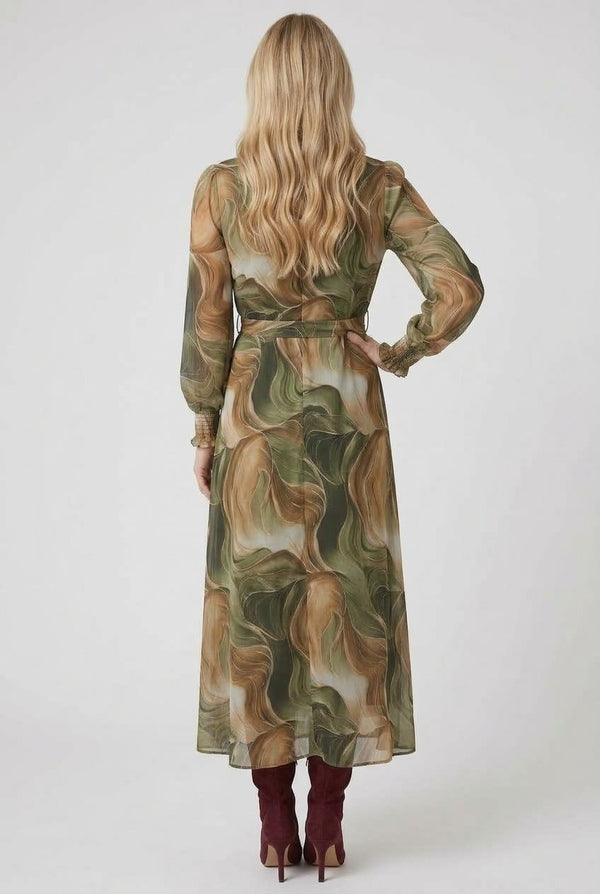 Green | Abstract Tie Waist A-Line Maxi Dress