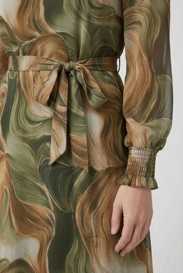 Green | Abstract Tie Waist A-Line Maxi Dress