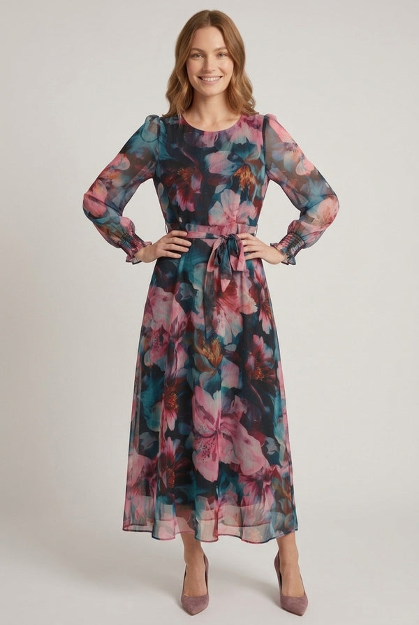 Purple | Floral Long Sleeve Layered Midi Dress