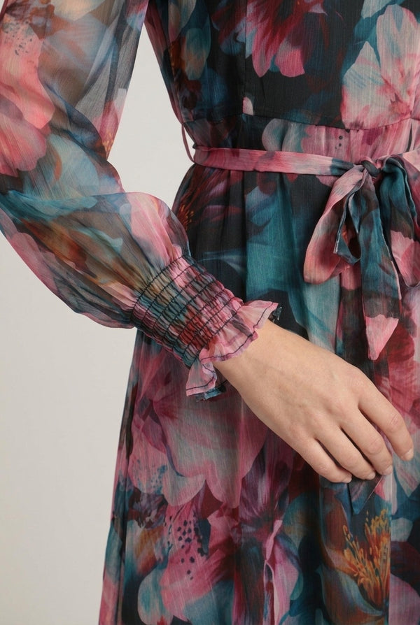 Purple | Floral Long Sleeve Layered Midi Dress