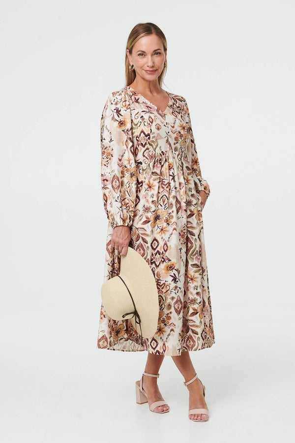 Beige | Abstract Long Sleeve Relaxed Midi Dress
