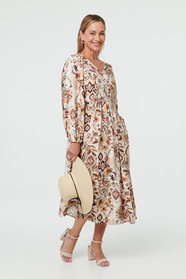 Beige | Abstract Long Sleeve Relaxed Midi Dress
