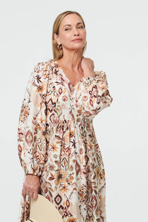 Beige | Abstract Long Sleeve Relaxed Midi Dress#AI Generated
