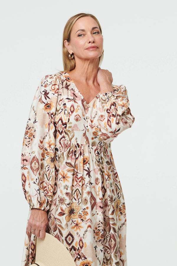 Beige | Abstract Long Sleeve Relaxed Midi Dress
