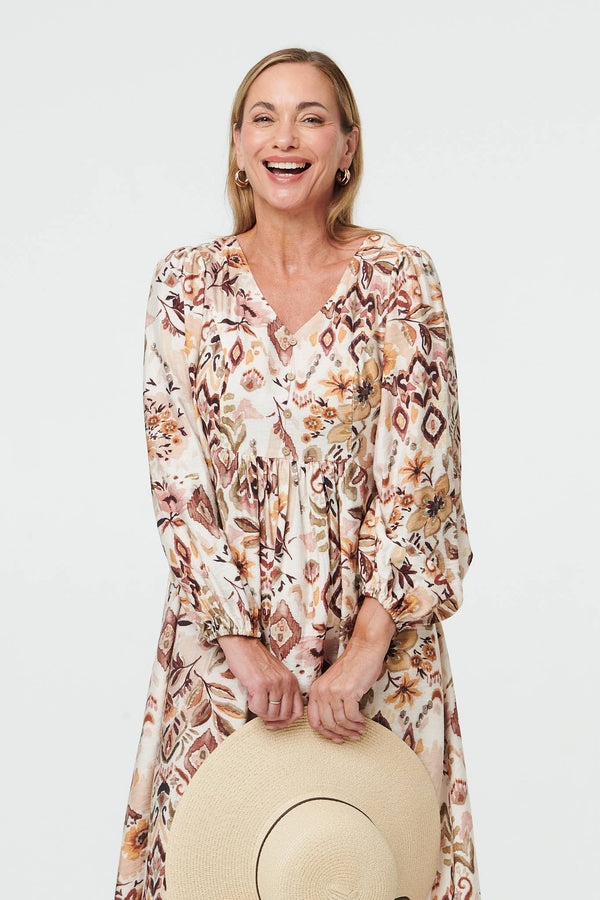 Beige | Abstract Long Sleeve Relaxed Midi Dress
