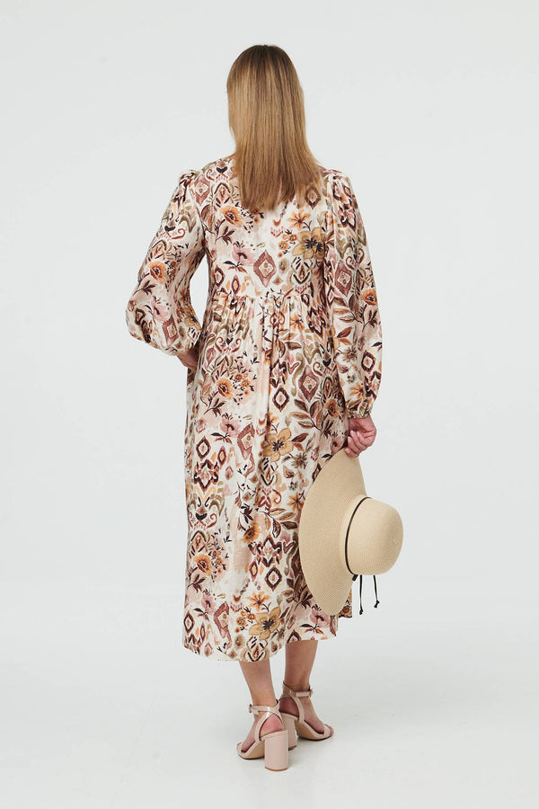Beige | Abstract Long Sleeve Relaxed Midi Dress
