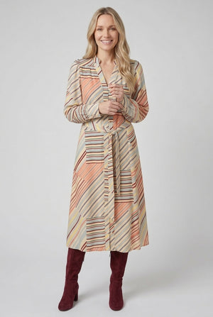 Sage | Striped Long Sleeve Tie Waist Midi Dress