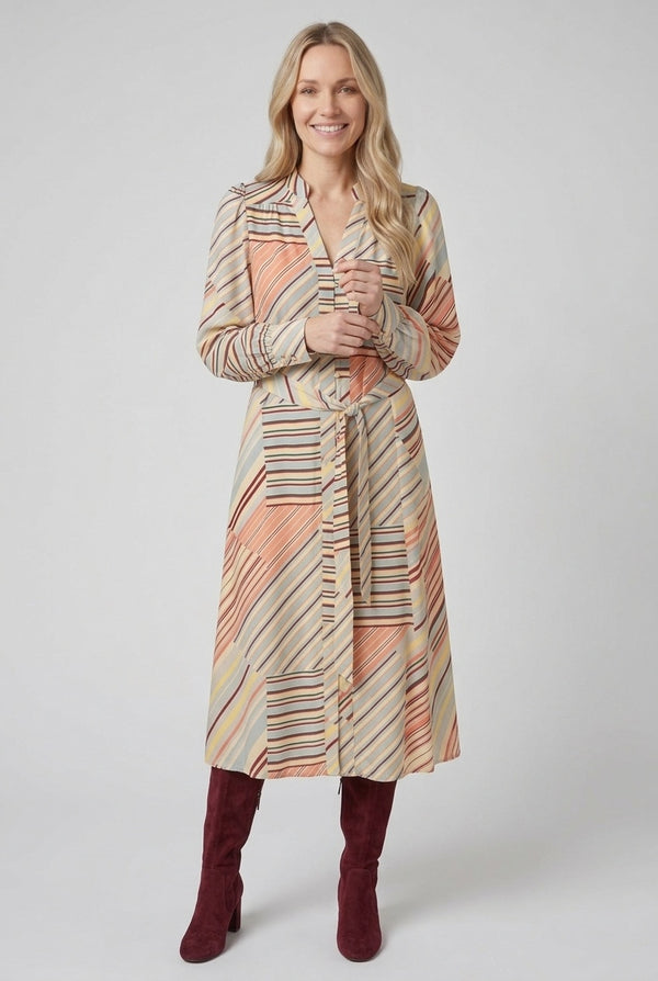 Sage | Striped Long Sleeve Tie Waist Midi Dress